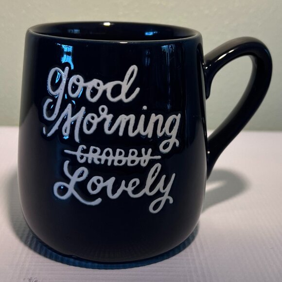 THRESHOLD “Good Morning CRABBY (crossed out) Lovely” Cobalt Blue Stoneware Mug - Picture 1 of 7
